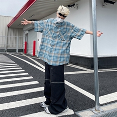 格子衬衫男士韩版潮流短袖痞帅文艺2024夏季新款ins外套CY773-P32，男装衬衫，星座412-2