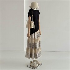 韩系穿搭时尚减龄套装女夏新款不规则斜肩短袖T恤半身长裙两件套,女装套装/套裙,江南