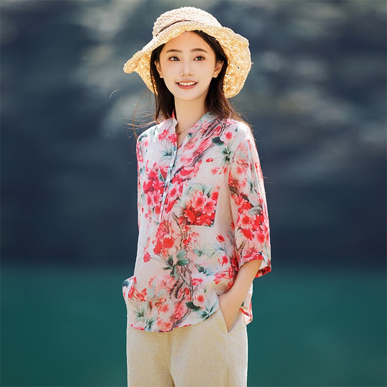 2026年春季女短袖宽松薄苎麻，女装衬衫，江南依恋