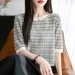 小香风圆领拼色针织衫半袖T恤女2025夏季休闲显瘦轻薄小个子上衣图片
