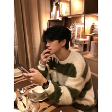 网图有货秋冬条纹圆领毛衣男女慵懒风情侣水貂绒针织衫A1054-P50，男装针织衫/毛衣，星座1505