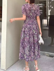 （现货）紫色碎花收腰显瘦V领连衣裙子夏款中长款连衣裙女装，女装连衣裙，韩蔻秀