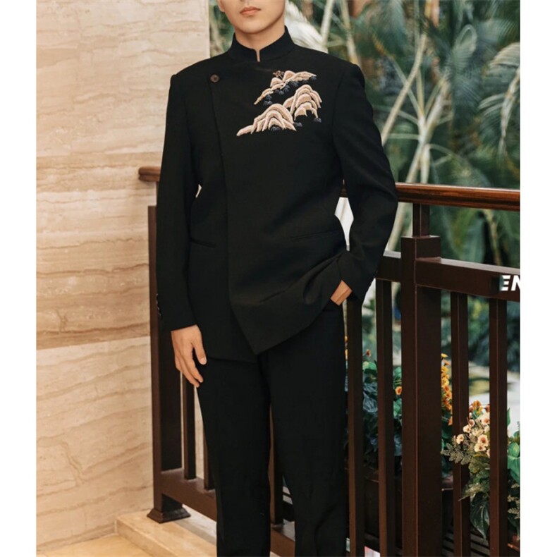 新中式中山装男士结婚订婚新郎伴郎中式礼服立领西装龙纹刺绣，男装西服套装，星座601-1