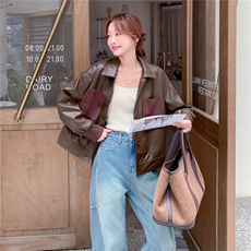 美拉德咖色设计感撞色口袋皮衣外套女2025早春秋港风复古时髦夹克，女装皮衣，2C236