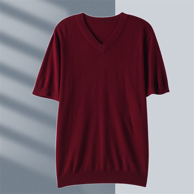 男士夏季休闲简约百搭纯色舒适V领针织短袖，男装T恤，琳华羊绒