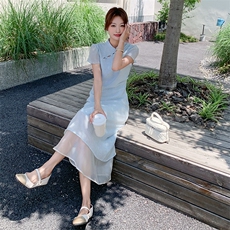 新中式改良旗袍设计感时尚收腰显瘦裙子女2025夏季淡人国风连衣裙，女装连衣裙，纯色衣恋