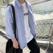 2026夏装新款条纹绣标短袖五分袖衬衫潮男衬衣CS8090/P40蓝，男装T恤，电商A094