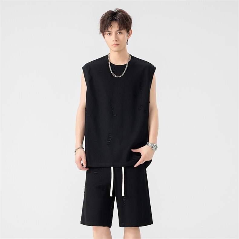 特批P60无差价夏季时尚破洞透气无袖背心五分短裤运动套装TZ5357，男装休闲套装，电商A001