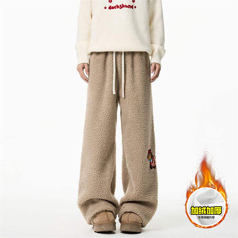 冬季美式刺绣羊羔毛棉裤男女情侣加绒加厚保暖宽松休闲阔腿长裤子，男装棉衣，电商A486-1