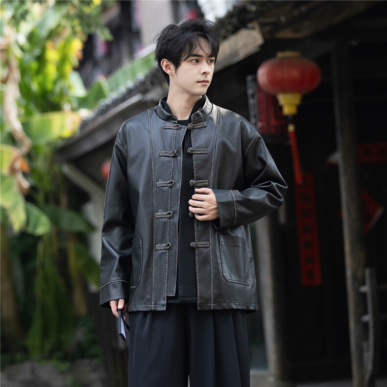 中古风潮PU皮手工擦皮工艺风立领大码宽松盘扣唐装外套JK203图片