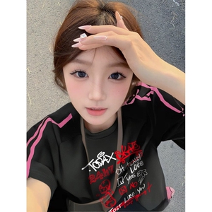 抖音得物品质二开240克宽松纯棉美式潮牌印花三条杠中性风短袖T恤图片