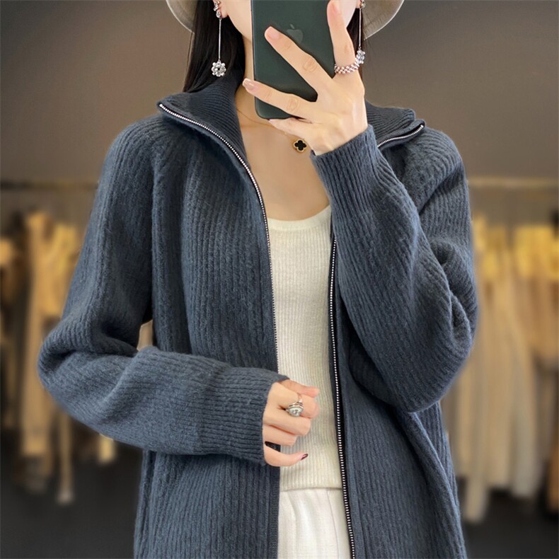 2025年秋季新款百搭女士抽条拉链羊毛开衫,女装羊毛衫,春贝羊绒