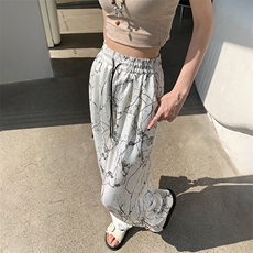 醋酸冰丝水墨阔腿裤子女2024夏季薄款高腰显瘦垂感凉凉休闲裤，女装休闲裤，梦白服饰厂