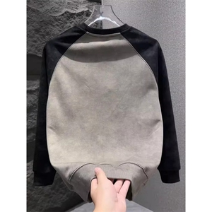 韩版圆领男士卫衣加绒加厚撞色设计感休闲衣服青年扎染上衣轻奢风图片