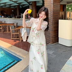 新中式国风套装女夏法式别致碎花上衣半身裙两件套气质穿搭一整套，女装套装/套裙，2C230