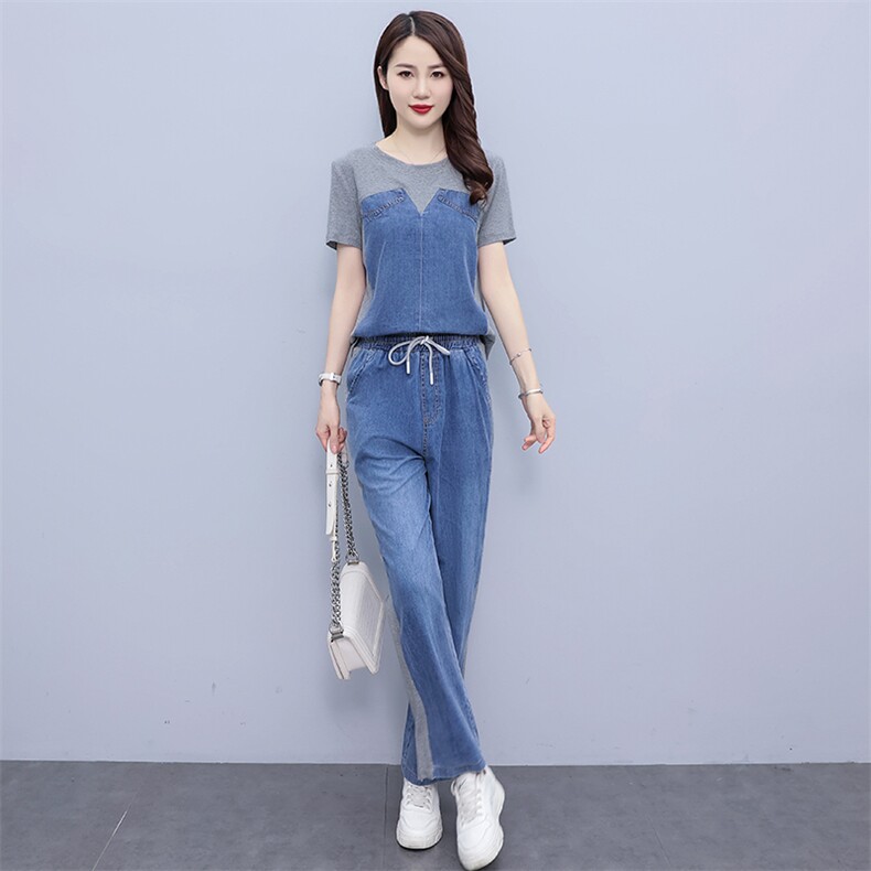 牛仔套装女小个子2024夏季新款网红炸街洋气减龄薄款阔腿裤两件套,女装套装/套裙,靓星雨