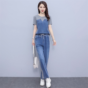 牛仔套装女小个子2024夏季新款网红炸街洋气减龄薄款阔腿裤两件套图片