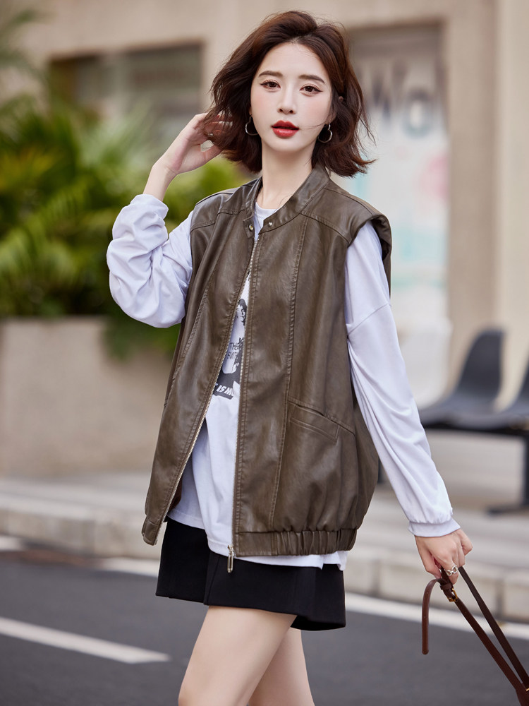 现货数据好复古气质PU皮马甲外套宽松设计感2024年秋季,女装皮衣,莜菲儿
