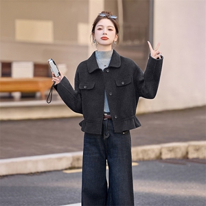 毛呢外套女短款2026秋冬季新款小个子高级感韩系收腰双面羊毛大衣图片