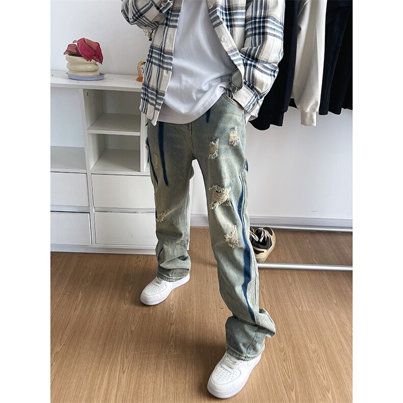 B221美式ins高街小众个性男女破洞牛仔裤LK23001-P65控88,男装牛仔裤,电商B221