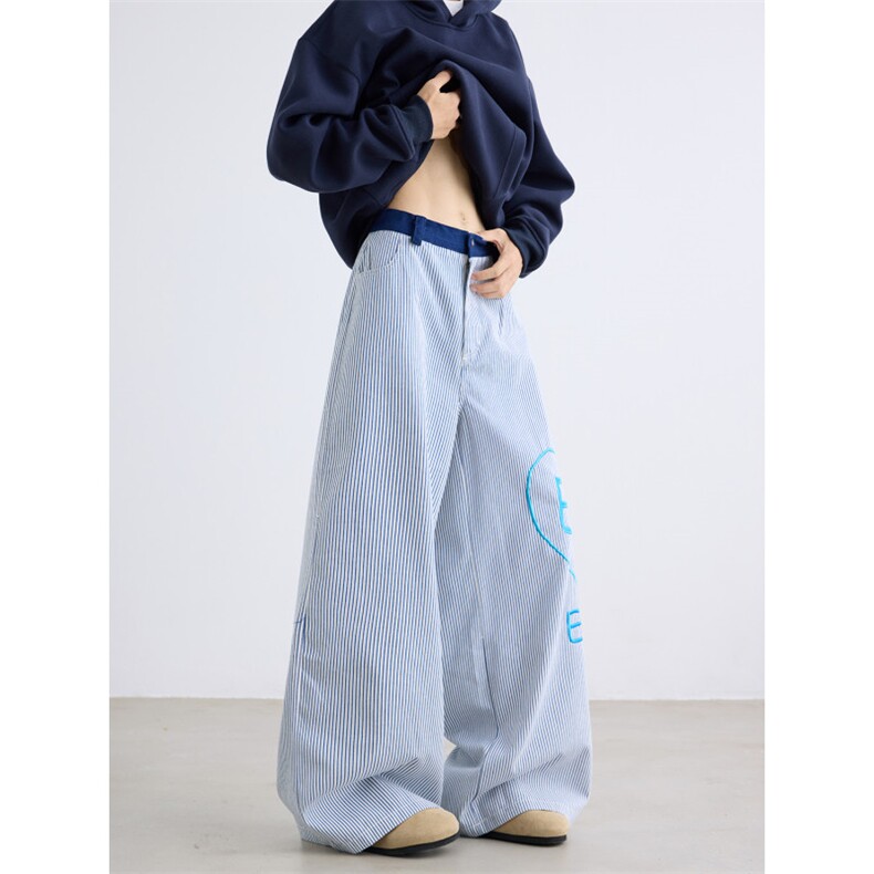 美式心形字母条纹休闲裤男女新款设计感小众阔腿裤N764-P58,男装休闲裤,星座308B-2