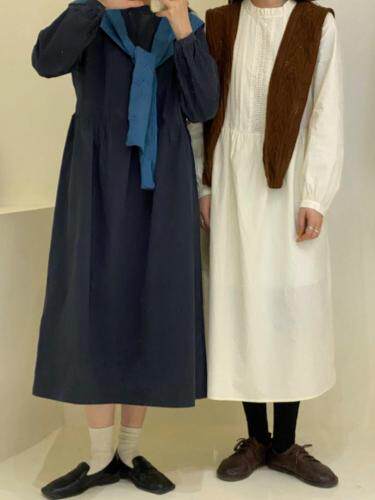 【现货】韩系春款花边领压褶百搭连衣裙，女装连衣裙，HertBella