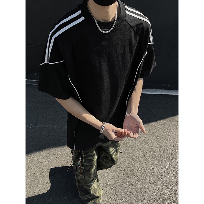高品质二开240克宽松纯棉美式高街痞帅拼接织带短袖T恤特P25,男装T恤,电商A486-1
