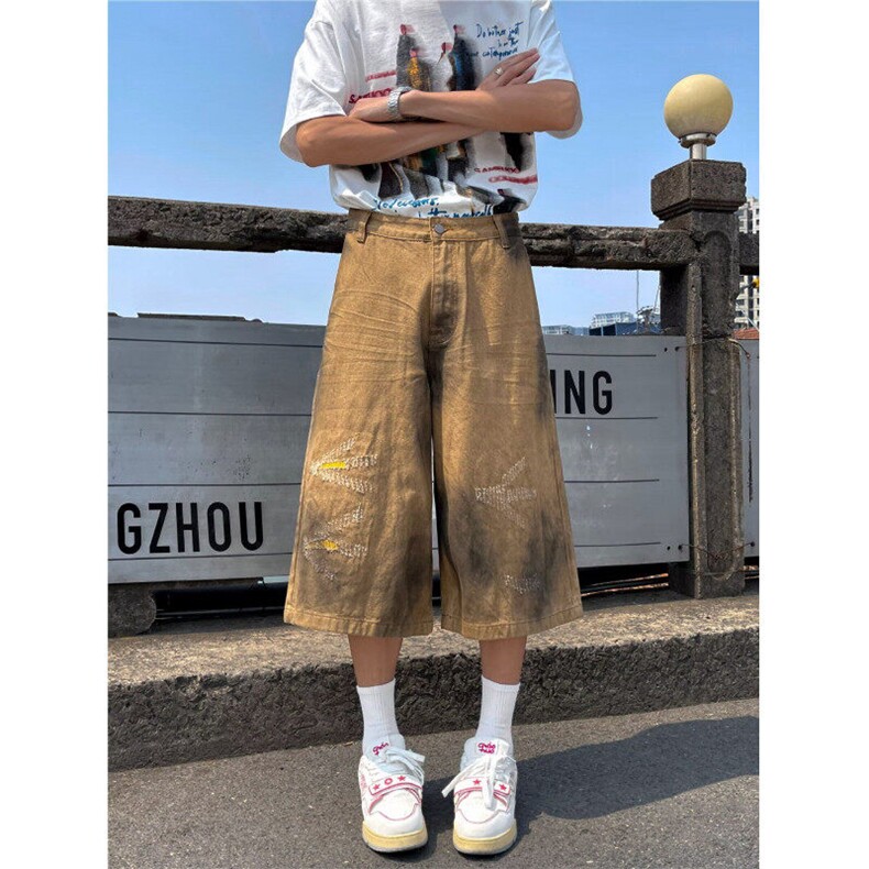卡其色七分裤男2025夏新款做旧小众设计感宽松牛仔短裤K6344-P47,男装牛仔裤,星座412-3