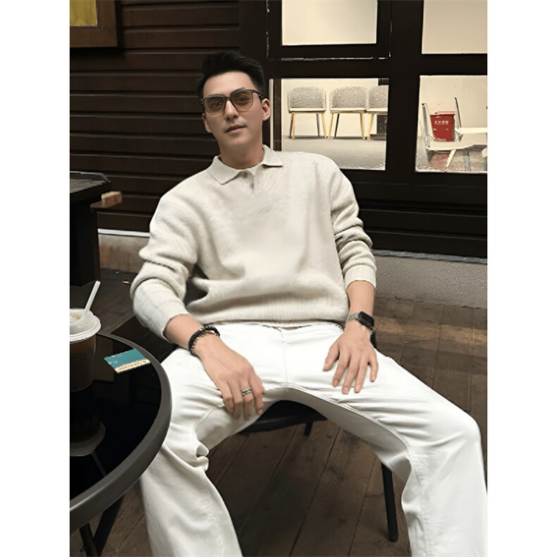 网图现货900克高密老钱风小翻领毛衣男女宽松POLO领针织衫特P58，男装Polo衫，电商C306-1
