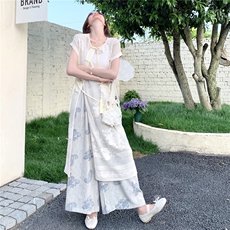 新中式国风碎花罩衫阔腿裤套装女夏2025新款流行显瘦巨好看两件套，女装套装/套裙，2C332