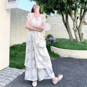 新中式国风碎花罩衫阔腿裤套装女夏2025新款流行显瘦巨好看两件套图片