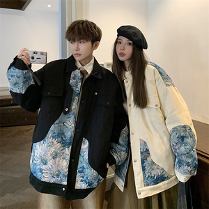 1港风情侣刺绣拼接设计棉衣大码M-5XL夹克棉服外套8706P115控158图片