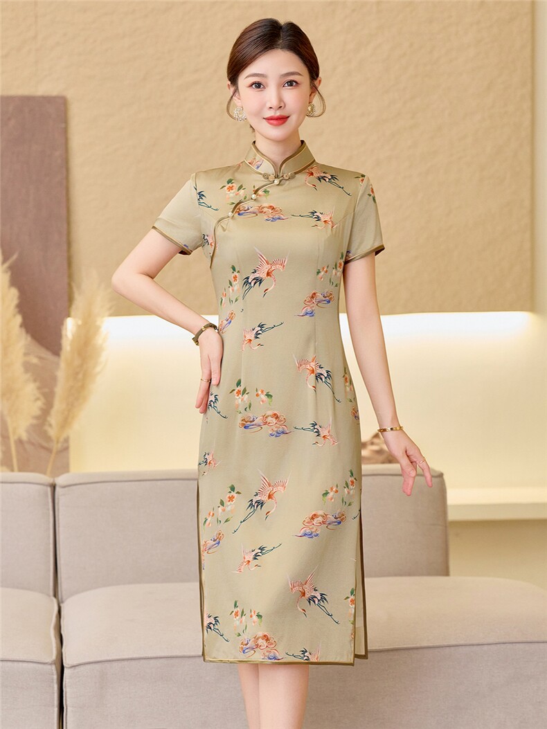 杭州品质真丝中长裙复古印花连衣裙女春夏日常修身潮流真丝旗袍,女装汉服/婚纱/旗袍/礼服,小荷流