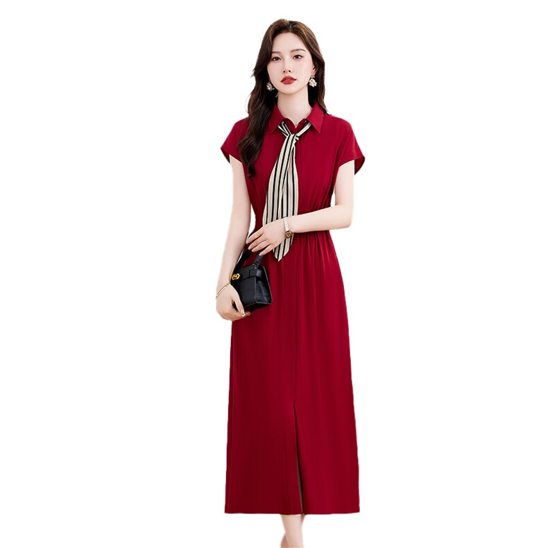 设计感红色衬衫连衣裙女2024夏季新款通勤时尚轻熟风收腰显瘦长裙,女装连衣裙,自然秀