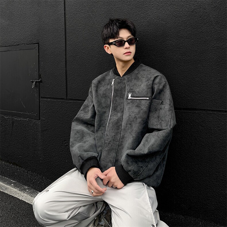 美式扎染皮衣外套男款春秋高级感痞帅短款飞行夹克立领工装机车服,男装夹克,星座1904A-1
