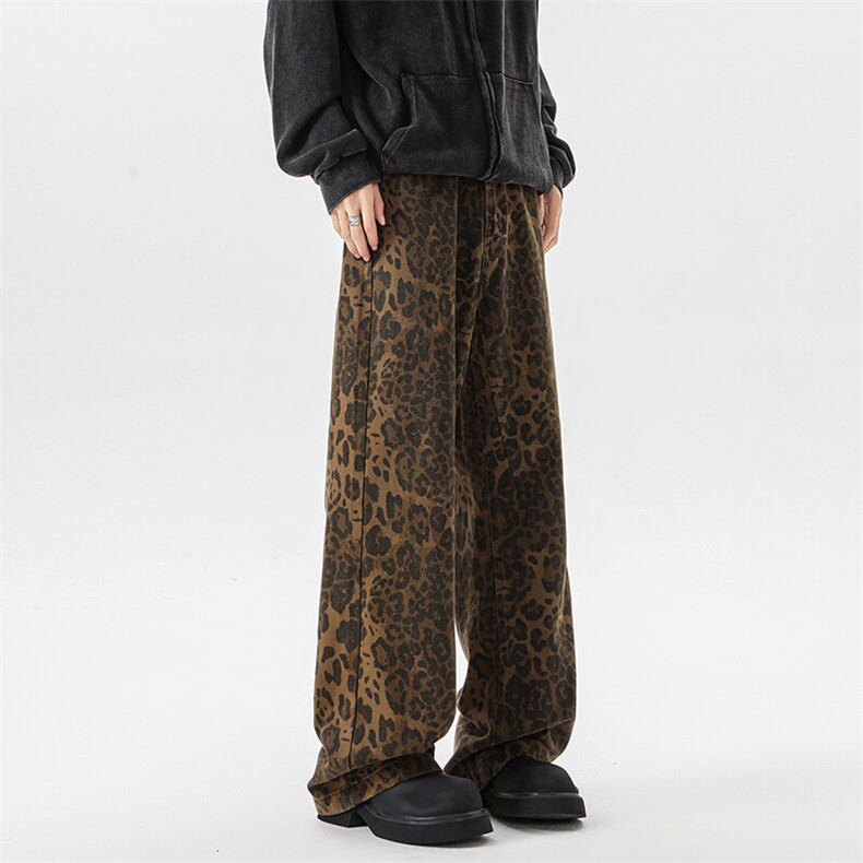 8XL-M春款高街美式豹纹阔腿牛仔裤男宽松直筒拖地裤K9113P68控88,男装休闲裤,电商D206-1