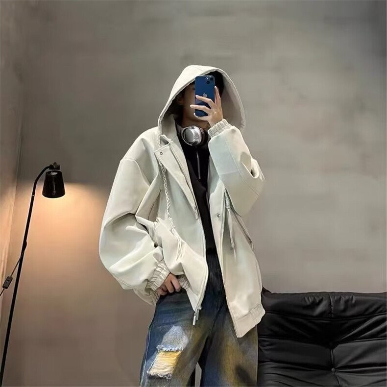 现货美式宽松雾面皮连帽PU皮夹克男J93/P75,男装夹克,星座205-3