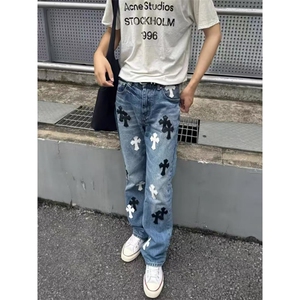 高街牛仔裤男新款水洗扎染弯刀小众修身直筒微喇裤513ACK2696P55图片
