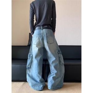 美式多口袋工装牛仔裤秋季高街宽松直筒阔腿裤1001-1-FN345-P60图片