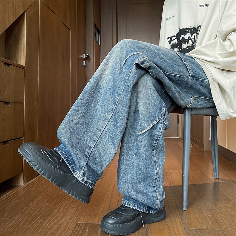怀旧蓝牛仔裤男款春秋季美式高街vibe水洗褶皱小众设计感直筒裤子,男装牛仔裤,电商B238