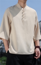 2025新款夏季风纯色立领上衣盘扣休闲T恤宽松潮流男T2505-P45，男装T恤，电商A008