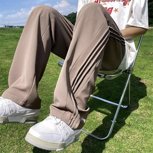 美式条纹冰丝西裤男夏季潮牌高街垂感直筒拖地裤百搭宽松休闲长裤图片