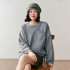 2025年秋季圆领带兜纯色针织衫套头上衣女，女装针织衫/毛衣，鸥蕊娅羊绒