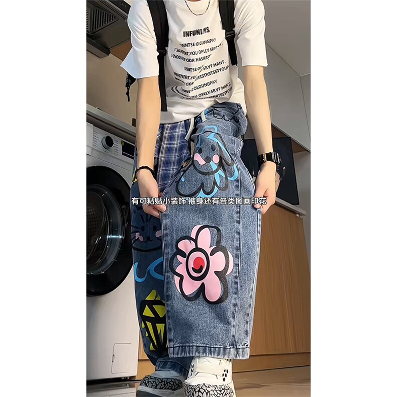 个性涂鸦牛仔裤美式ins高街直筒印花休闲长裤25XK67121特批40,男装牛仔裤,电商A042