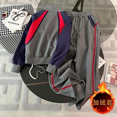 时尚加绒灰色拼接短外套直筒裤两件套女，女装套装/套裙，江南