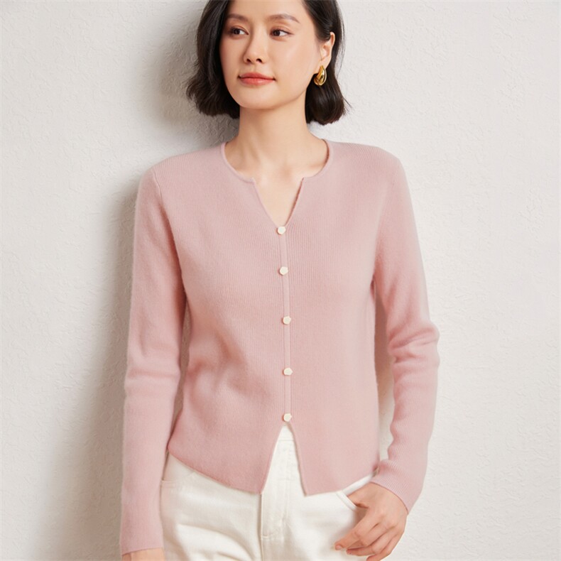 时尚女士双V领扣子长袖衫优雅显瘦10%开衫，女装羊绒衫，臻维羊绒