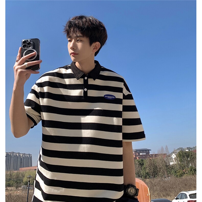 1美式港风条纹短袖polo衫大码M-5XL翻领短袖T恤男DP8761P40控59，男装Polo衫，星座226-2