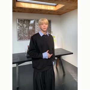 网络图现货美式复古假两件拼接翻领卫衣男春季潮SNF03-P55图片
