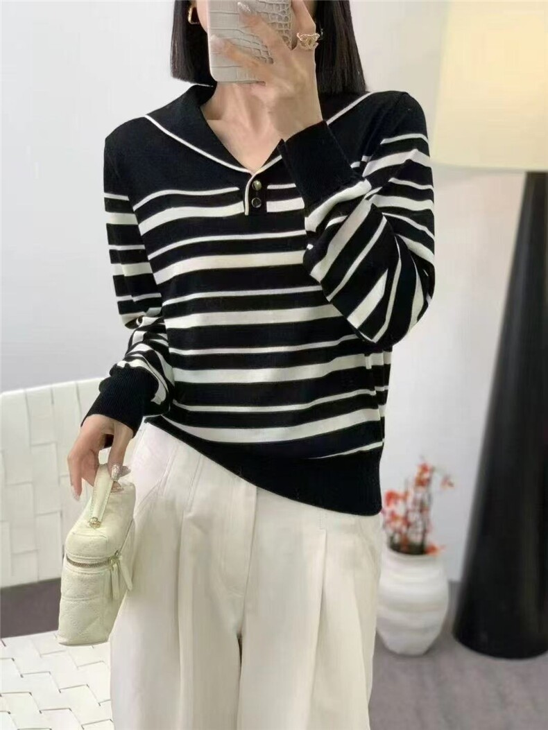 复古撞色条纹设计感女士天丝海军领长袖打底衫，女装衬衫，佑昭祥羊绒