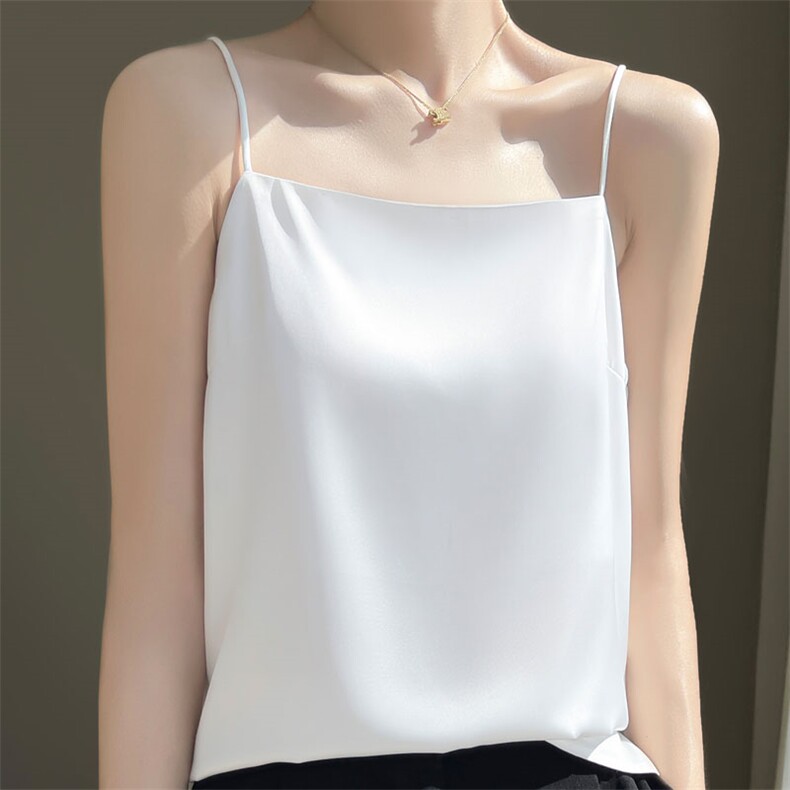 真丝吊带背心女夏季白色仿桑蚕丝外穿西装打底内搭醋酸缎面上衣,女装背心吊带,羊特美羊绒